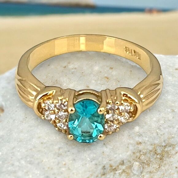 Vintage Ring Size 9 Blue Cubic Zirconia Crystal 18K Gold Plate Mid-Century 14E - Picture 5 of 15